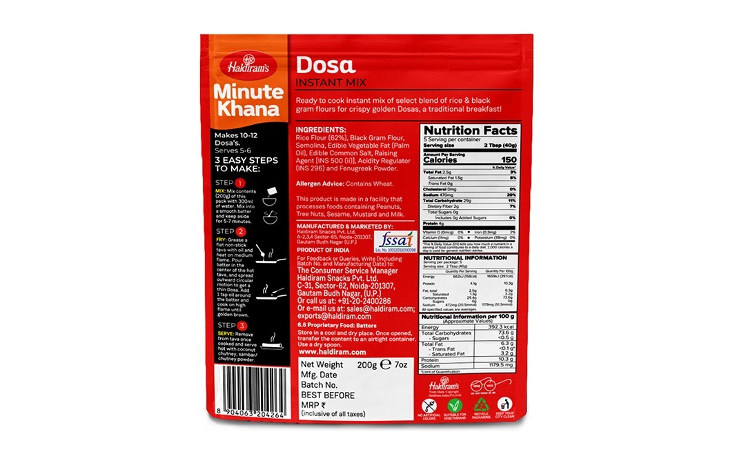 Haldiram's Minute Khana Dosa Instant Mix   Pack  200 grams